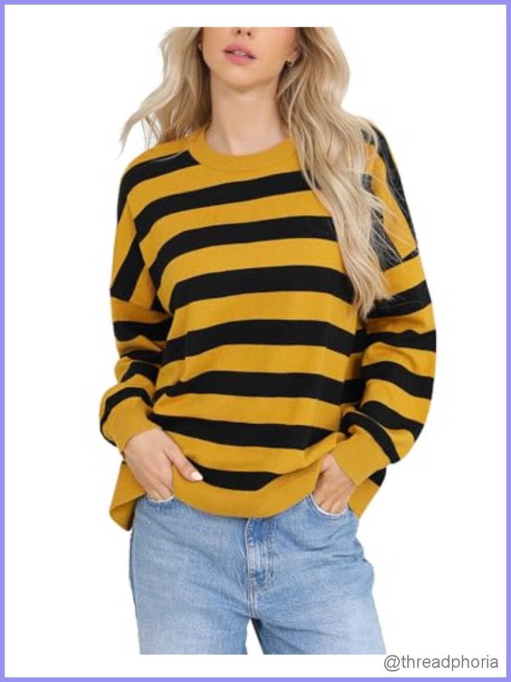 Oversized Striped Knit Pullover Sweater with Long Sleeves - Y2K Crewneck Top